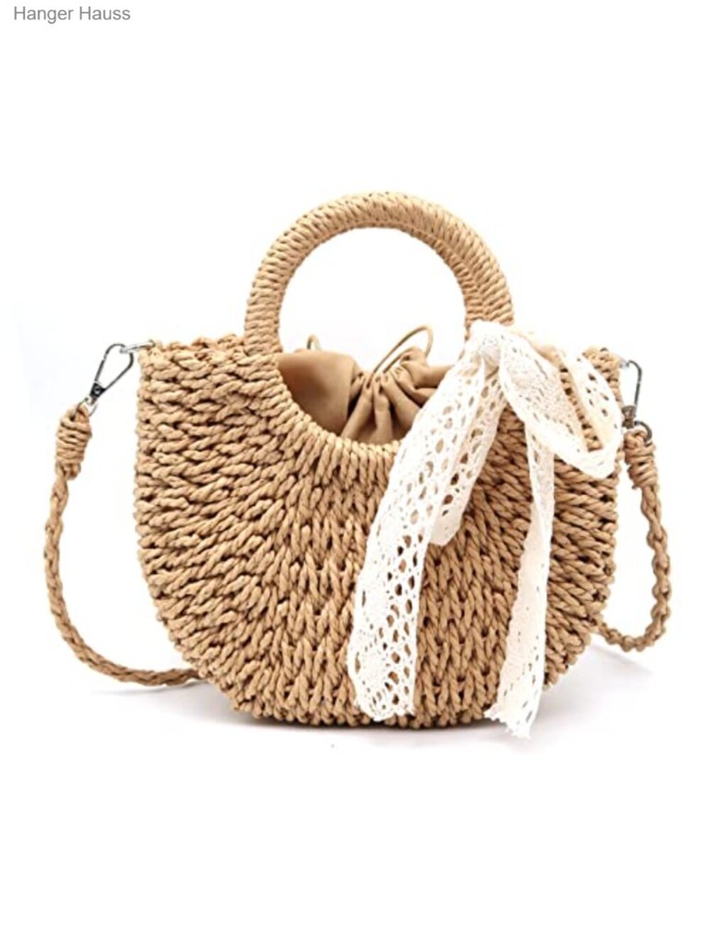 Natural Straw Woven Semi-Circle Clutch Top Handle Beach Tote Crossbody
